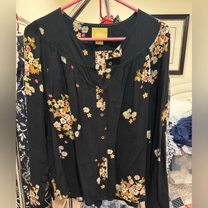 Maeve Black Floral Blouse with Yellow and Pink Accents